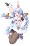  1girl :d animal_ears arm_up black_gloves blue_hair braid breasts brown_legwear bunny_ears carrot_hair_ornament cleavage clenched_hand commentary_request eyebrows_visible_through_hair food_themed_hair_ornament full_body fur-trimmed_gloves fur_trim gloves hair_ornament highres hololive konboi-eg leg_garter looking_at_viewer medium_breasts multicolored_hair open_mouth orange_eyes shoes simple_background smile solo teeth twin_braids two-tone_hair upper_teeth usada_pekora virtual_youtuber white_background white_footwear white_hair 