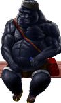  2020 anthro ape belly black_body black_fur bottomwear bulge clothing fur gorilla haplorhine hi_res humanoid_hands kemono male mammal nipples overweight overweight_anthro overweight_male primate q83561965 shorts simple_background sitting solo white_background 