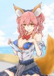  1girl animal_ear_fluff animal_ears artist_request bikini blue_bikini breasts cardigan cardigan_around_waist cleavage clothes_around_waist collarbone commentary commentary_request fate/extella fate/extra fate/extra_ccc fate/grand_order fate_(series) fox_ears fox_girl fox_tail highres jacket jacket_around_waist large_breasts looking_at_viewer outdoors pink_hair school_uniform sitting solo sweater sweater_around_waist swimsuit swimsuit_under_clothes tail tamamo_(fate)_(all) tamamo_jk_(fate) tamamo_no_mae_(fate) unbuttoned yellow_eyes 