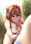  1boy 1girl absurdres bikini breasts brown_eyes brown_hair fellatio hairband hetero highres kantai_collection kouno_(no04-264c) large_breasts long_hair oral penis shiratsuyu_(kantai_collection) short_shorts shorts squatting swimsuit 