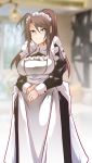  1girl ahoge alternate_costume apron blue_eyes breasts brown_hair commentary_request cuffs girls_frontline korean_commentary large_breasts lee-enfield_(girls_frontline) long_hair maid maid_apron maid_headdress ponytail room smile solo zergling_(cdror1004) 