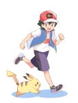  1boy baseball_cap black_hair blue_vest brown_eyes commentary_request gen_1_pokemon hat highres male_focus mei_(maysroom) open_mouth pikachu pokemon pokemon_(anime) pokemon_(creature) pokemon_swsh_(anime) purple_shorts running satoshi_(pokemon) shirt shoes shorts simple_background smile sneakers spiked_hair upper_teeth vest white_background white_shirt 