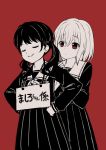  2girls bang_dream! bangs closed_eyes closed_mouth eyebrows_visible_through_hair futaba_tsukushi hair_between_eyes hand_on_another&#039;s_shoulder hands_on_hips kurata_mashiro long_hair long_sleeves monochrome multiple_girls neckerchief pleated_skirt red_background red_eyes saiko_dagashi sailor_collar school_uniform serafuku shirt sign sign_around_neck simple_background skirt smile smug translated twintails 