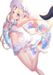  1girl :t abigail_williams_(fate/grand_order) abigail_williams_(swimsuit) ass bangs bare_arms bare_legs bare_shoulders barefoot bikini blonde_hair blue_eyes bonnet bow commentary_request fate/grand_order fate_(series) hair_bow highres keyhole long_hair looking_at_viewer looking_to_the_side outstretched_arm parted_bangs ririko_(zhuoyandesailaer) simple_background smile soles solo standing standing_on_one_leg striped striped_bow suction_cups swimsuit tentacles twisted_torso very_long_hair white_background white_bikini white_bow white_headwear 