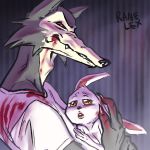  1:1 2020 amber_eyes anthro anthro_on_anthro beastars blood bloody_clothing bodily_fluids breasts canid canine canis claws clothed clothed/nude clothed_male_nude_female clothing domestic_rabbit duo embracing fangs female fur grey_body grey_fur haru_(beastars) hi_res lagomorph larger_male legoshi_(beastars) leporid long_snout male male/female mammal nude oryctolagus predator/prey rabbit ranelex red_eyes shirt size_difference smaller_female snout t-shirt topwear white_body white_fur wolf 