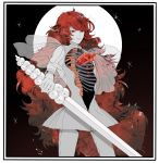  absurdly_long_hair absurdres androgynous crystal_hair full_moon highres holding holding_sword holding_weapon houseki_no_kuni long_hair looking_at_viewer minorun_(kurome) moon night night_sky padparadscha_(houseki_no_kuni) red_eyes red_hair ribs sheath sky smile solo standing sword very_long_hair weapon 