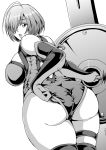  1girl adjusting_clothes adjusting_swimsuit armor armored_leotard ass bare_shoulders black_armor black_legwear black_leotard breasts elbow_gloves eyebrows_visible_through_hair fate/grand_order fate_(series) from_behind gloves greyscale hair_over_one_eye holding holding_shield large_breasts leotard looking_at_viewer looking_back mash_kyrielight mifune_seijirou monochrome open_mouth ortenaus shield short_hair simple_background solo solo_focus swimsuit thighhighs white_background 