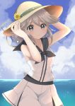  black_ribbon blush cloud eyebrows_visible_through_hair flower green_ribbon grey_eyes grey_hair hands_on_headwear hat hat_flower hat_ribbon highres houlen_yabusame lace len&#039;en looking_at_viewer midriff_peek namori ocean ribbon shirt short_hair skort sky sleeveless sleeveless_shirt smile straw_hat sun_hat sunflower upper_body 