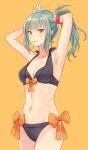  1girl armpits bikini black_bikini blush brown_eyes closed_mouth collarbone cowboy_shot eyebrows_visible_through_hair green_hair groin kantai_collection kasumi_(skchkko) long_hair mouth_hold navel orange_background ponytail simple_background smile solo swimsuit v wristband yuubari_(kantai_collection) 