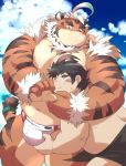  2020 anthro ayame42612 belly blush bodily_fluids bulge chubby_protagonist_(tas) clothing duo felid grope hi_res hombretigre human humanoid_hands kemono male male/male mammal moobs nipples outside overweight overweight_male pantherine protagonist_(tas) sweat swimwear tiger tokyo_afterschool_summoners video_games 