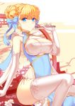  1girl bare_shoulders bizure: blonde_hair blue_bow blue_eyes blush bow braid breasts cherry_blossoms china_dress chinese_clothes chinese_new_year cleavage closed_fan covered_nipples double_bun dress elbow_gloves eyebrows_visible_through_hair eyes_visible_through_hair fan flower folding_fan gloves hair_bow hair_bun highres holding holding_fan medium_hair original petals signature sitting smile solo thighhighs tree white_flower white_gloves white_legwear 