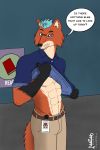 absurd_res anthro belt canid canine clothed clothing clothing_lift english_text eyewear fox glasses hi_res highlights_(coloring) inside librarian library male mammal muscular muscular_anthro muscular_male name_tag shirt shirt_lift solo tachaal text theo_wykof topwear 