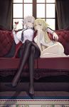  2girls absurdres alcohol bad_anatomy bad_proportions bangs bare_shoulders black_footwear black_jacket black_legwear black_skirt blonde_hair blue_eyes blush breasts cha_hou china_dress chinese_clothes collared_shirt couch crossed_legs cup curtains dress dress_shirt drinking_glass eyebrows_visible_through_hair fate/grand_order fate_(series) fine_fabric_emphasis high_heels highres holding holding_cup jacket jacket_on_shoulders jeanne_d&#039;arc_(alter)_(fate) jeanne_d&#039;arc_(fate) jeanne_d&#039;arc_(fate)_(all) large_breasts long_hair looking_at_viewer miniskirt multiple_girls pale_skin pantyhose shirt short_hair side_slit silver_hair sitting skirt striped striped_neckwear white_shirt window wine_glass wooden_floor yellow_eyes 