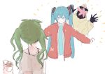  1other 2girls aqua_eyes aqua_hair aqua_neckwear commentary cup cup_ramen dual_persona flower food green_hair grey_shirt hair_ornament hands_up hatsune_miku holding holding_cup hooded_coat jacket kaimo_(mi6kai) long_hair looking_at_another multiple_girls necktie outstretched_arms pasta red_jacket shirt smile spaghetti suna_no_wakusei_(vocaloid) twintails very_long_hair vocaloid white_background 