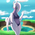  1:1 anthro beach big_breasts bikini breasts butt clothed clothing digital_media_(artwork) dragon female goodra goopyarts_(artist) grass green_eyes lake nintendo one_eye_closed outside pok&eacute;mon pok&eacute;mon_(species) seaside sky slightly_chubby solo swimwear video_games water wink 