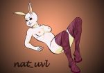  2020 anthro beastars breasts clothing convenient_censorship domestic_rabbit female full-length_portrait haru_(beastars) lagomorph legwear leporid looking_at_viewer mammal mostly_nude nat_uvl nipples oryctolagus portrait rabbit reclining solo stockings stockings_only thigh_highs white_body 