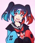  1girl :d asymmetrical_sleeves black_hair black_jacket blue_eyes blue_hair blue_sleeves collarbone commentary english_commentary fang heterochromia highres ilya_kuvshinov jacket looking_at_viewer multicolored_hair nintendo_switch nintendo_switch_(personification) open_mouth original personification pink_background red_eyes red_hair red_neckwear red_sleeves sailor_collar school_uniform simple_background sleeves_past_fingers sleeves_past_wrists smile solo twintails upper_body upper_teeth 