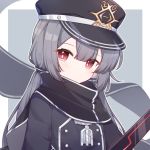  1girl bangs black_cape black_headwear black_jacket blush cape closed_mouth commentary_request duel_monster eta eyebrows_visible_through_hair grey_background grey_hair hair_between_eyes hat jacket long_hair looking_at_viewer low_twintails peaked_cap red_eyes sky_striker_ace_-_roze solo twintails two-tone_background upper_body white_background yuu-gi-ou 