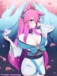  ahri animal_ears blue_eyes fox_ears fox_girl highres japanese_clothes league_of_legends lewdishsnail miko nipple_slip nipples pink_hair 