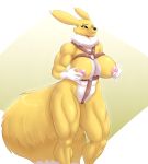  absurd_res anthro big_breasts blush breasts digimon digimon_(species) female fur hi_res hyperstorm_h looking_at_viewer marauder6272 mostly_nude nipples renamon solo yellow_body yellow_fur 