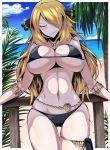  1girl beach belly_chain bikini black_bikini black_eyes blonde_hair blue_sky blush bracelet breasts cleavage cloud gold_bracelet hair_over_one_eye highres jewelry long_hair looking_at_viewer naughty_face necklace palm_tree pokemon pokemon_(game) pokemon_dppt railing shimure_(460) shirona_(pokemon) sky smile swimsuit thighlet tree 