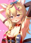  1girl absurdres animal_ears arm_strap armpits arms_behind_head bangs bare_shoulders black_hair blonde_hair blush bow braid breasts choker elbow_gloves eyebrows_visible_through_hair fennec_fox fox_ears fox_girl gloves hair_between_eyes hair_ornament heart heart_in_eye highres hololive long_hair looking_at_viewer multicolored_hair omaru_polka open_mouth pink_hair playing_card_theme purple_eyes roco_(rocoroco1115) single_elbow_glove small_breasts smile solo symbol_in_eye virtual_youtuber x_hair_ornament 