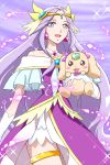  2girls commentary_request cure_earth dog ear_ribbon earrings fuurin_asumi graphite_(medium) healin&#039;_good_precure healing_animal highres jewelry latte_(precure) moritakusan multiple_girls precure purple_hair ribbon sparkle thighs traditional_media 