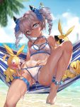  1girl anklet aqua_nails bangs bare_shoulders barefoot bikini blood blurry blurry_background blush breasts bronya_zaychik cameltoe commentary_request covered_nipples drill_hair eyebrows_visible_through_hair ginklaga hair_between_eyes hair_ornament hair_ribbon hammock highres homu_(honkai_impact) honkai_(series) honkai_impact_3rd jewelry long_hair looking_at_viewer nosebleed ocean parted_lips partially_visible_vulva pervert ribbon see-through silver_hair sky small_breasts smile solo_focus swimsuit tagme tan tanline thigh_strap toenail_polish twin_drills wet wet_clothes wet_swimsuit 