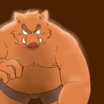 2011 anthro belly bottomwear brown_body brown_fur clothing fur kemono kick_(artist) male mammal nipples overweight overweight_anthro overweight_male shorts simple_background solo suid suina sus_(pig) wild_boar 