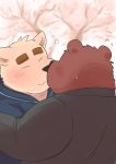  2017 anthro belly blush canid canine canis clothing domestic_dog duo eyes_closed hi_res kemono kick_(artist) kissing male mammal outside overweight overweight_male shirt topwear tree ursid 