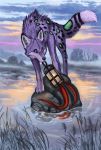  2020 4_toes ambiguous_gender canid canine day detailed_background digital_media_(artwork) feral flashw fur mammal outside paws purple_body purple_eyes purple_fur sky solo spots spotted_body spotted_fur toes water 