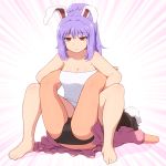  animal_ears backbreaker barefoot black_hair black_panties boston_crab bunny_ears commentary dress emphasis_lines eyebrows_visible_through_hair frown hair_up inaba_tewi long_hair naked_towel panties pink_dress ponytail purple_hair red_eyes reisen_udongein_inaba shirosato short_sleeves simple_background sitting sitting_on_person touhou towel underwear white_background wrestling 