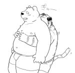  2011 anthro belly blush clothing duo felid hug hugging_from_behind japanese_text kemono kick_(artist) male male/male mammal moobs nipples overweight overweight_male pantherine simple_background text tiger underwear ursid white_background 