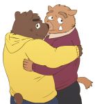  2014 anthro blush bottomwear brown_body brown_fur clothing duo fur hoodie hug kemono kick_(artist) male male/male mammal overweight overweight_male pants shirt simple_background suid suina sus_(pig) topwear ursid white_background wild_boar 