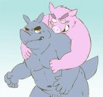  2014 anthro balls belly blue_background blush duo genitals hug hugging_from_behind kemono kick_(artist) male mammal moobs nipples overweight overweight_male penis pink_body rhinocerotoid simple_background suid suina sus_(pig) wild_boar 
