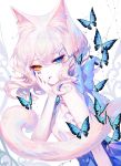 1girl animal_ears artist_name bangs bare_shoulders blue_eyes blue_nails bug butterfly cat_ears cat_tail commentary hand_up heterochromia highres insect looking_at_viewer nail_polish original sheya short_hair signature silver_hair solo symbol_commentary tail upper_body yellow_eyes 