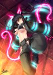 1girl :o adsouto baggy_pants bangs bikini black_bikini black_coat black_footwear black_hair blush boots breasts cleavage coat collar commentary covered_nipples en&#039;en_no_shouboutai eyebrows_visible_through_hair fiery_ears fiery_tail fire floating floating_hair full_body gloves glowing glowing_eyes grey_pants groin hair_between_eyes head_tilt highres hip_vent long_hair long_sleeves looking_at_viewer medium_breasts metal_gloves midriff navel open_clothes open_coat open_mouth pants purple_fire sidelocks signature solo swimsuit tail tamaki_kotatsu twintails underboob yellow_eyes 