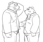  2011 anthro blush bottomwear clothing duo kemono kick_(artist) male mammal overweight overweight_male pants shirt simple_background suid suina sus_(pig) topwear ursid white_background wild_boar 