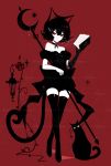  1girl animal_ears artist_name bangs bare_shoulders black_gloves black_hair black_legwear book cat_ears cat_tail commentary crossed_legs full_body gloves hand_up highres holding holding_book looking_at_viewer off_shoulder original puffy_short_sleeves puffy_sleeves red_background red_eyes sheya short_hair short_sleeves signature single_glove solo standing symbol_commentary tail thighhighs watson_cross 