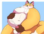  2020 anthro belly blush bodily_fluids brown_body brown_fur canid canine cum ejaculation eyes_closed fox fur genital_fluids hi_res kemono kusosensei male mammal masturbation moobs nipples obese obese_anthro obese_male overweight overweight_anthro overweight_male simple_background solo sweat 