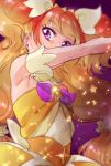  1girl arm_strap armpits bangs blonde_hair choker cure_twinkle dress earrings eyebrows_visible_through_hair floating_hair from_below go!_princess_precure gradient_hair hair_ornament hair_scrunchie jewelry long_hair looking_at_viewer multicolored_hair precure purple_eyes red_hair scrunchie shiny shiny_hair shiny_skin shipu_(gassyumaron) sleeveless sleeveless_dress solo star_(symbol) star_earrings strapless strapless_dress very_long_hair white_scrunchie yellow_choker 