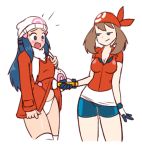  2girls alternate_costume bandana beanie bike_shorts blue_eyes blue_hair blush breasts brown_hair cleavage commentary dress dress_lift gloves hair_ornament hair_ribbon haruka_(pokemon) hat hikari_(pokemon) holding long_hair medium_breasts multiple_girls panties pokemon pokemon_(game) pokemon_dppt pokemon_platinum pokemon_rse ribbon scarf shirt short_hair shorts simple_background skindentation skirt small_breasts smile smug thighhighs underwear white_background white_legwear white_panties yondu 