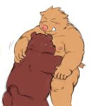 2011 anthro belly blush brown_body brown_fur butt duo eyes_closed fur hug kemono kick_(artist) male mammal overweight overweight_male simple_background sitting suid suina sus_(pig) ursid white_background wild_boar 