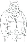  2011 anthro belly blush bottomwear clothing kemono kick_(artist) male mammal overweight overweight_anthro overweight_male pants shirt simple_background solo suid suina sus_(pig) topwear white_background wild_boar 