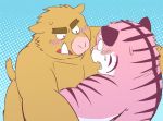  2014 anthro belly blush brown_body brown_fur duo felid fur kemono kick_(artist) male mammal overweight overweight_male pantherine pink_body pink_fur suid suina sus_(pig) tiger wild_boar 