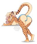  2020 anthro blonde_hair bottomwear breasts brown_spots butt cheetah clothed clothing digital_media_(artwork) felid feline female fingers fur hair hi_res highlights_(coloring) kittydee looking_at_viewer mammal orange_body orange_fur pink_highlights purple_eyes shorts simple_background solo spots spotted_body spotted_fur toes topless white_background 