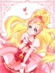  1girl bangs blonde_hair bow closed_mouth collarbone cowboy_shot cure_flora dress earrings floating_hair go!_princess_precure green_eyes highlights highres jewelry layered_dress long_hair multicolored_hair parted_bangs pink_dress pink_hair precure red_bow shiny shiny_hair shipu_(gassyumaron) short_dress short_sleeves smile solo standing very_long_hair 