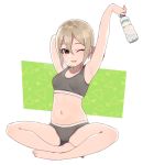  1girl armpits arms_up bare_legs blonde_hair bottle brown_eyes holding idolmaster idolmaster_cinderella_girls indian_style looking_at_viewer moyori one_eye_closed shiomi_shuuko short_hair sitting smile solo sports_bra sportswear sweat underwear water_bottle 