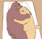  2014 anthro bed belly blush cuddling duo eyes_closed furniture hug humanoid_hands kemono kick_(artist) male male/male mammal overweight overweight_male pillow suid suina sus_(pig) ursid wild_boar 