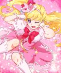  1girl ;d bangs blonde_hair boots bow bowtie cure_miracle eyebrows_visible_through_hair floating_hair gloves hair_between_eyes hair_bow hairband hat high_ponytail highres knee_boots layered_skirt long_hair mahou_girls_precure! mini_hat miniskirt one_eye_closed open_mouth pink_gloves pink_hairband pink_headwear pink_skirt precure purple_eyes red_bow red_neckwear shiny shiny_hair shipu_(gassyumaron) shirt short_sleeves side_ponytail skirt smile solo swept_bangs very_long_hair white_footwear white_shirt witch_hat 